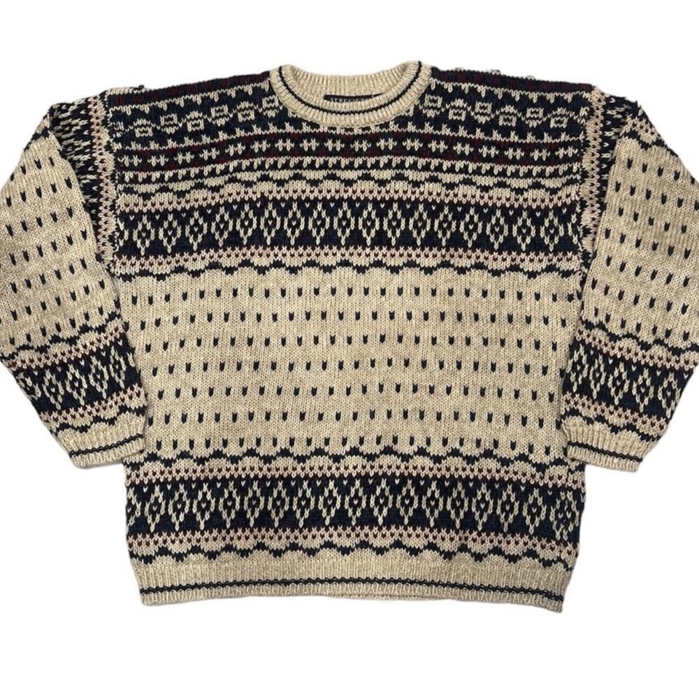 Vintage 90s Men’s Tan Structure Fair 
Isle Cowichan Geo Cable Knit Sweater